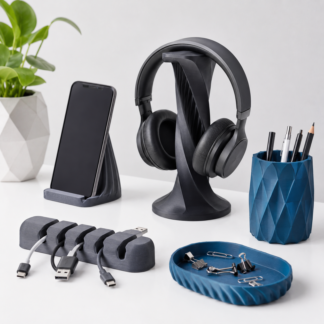 3D Printed Desk Organizer Set with Headphone Stand, Phone Holder & Cable Management