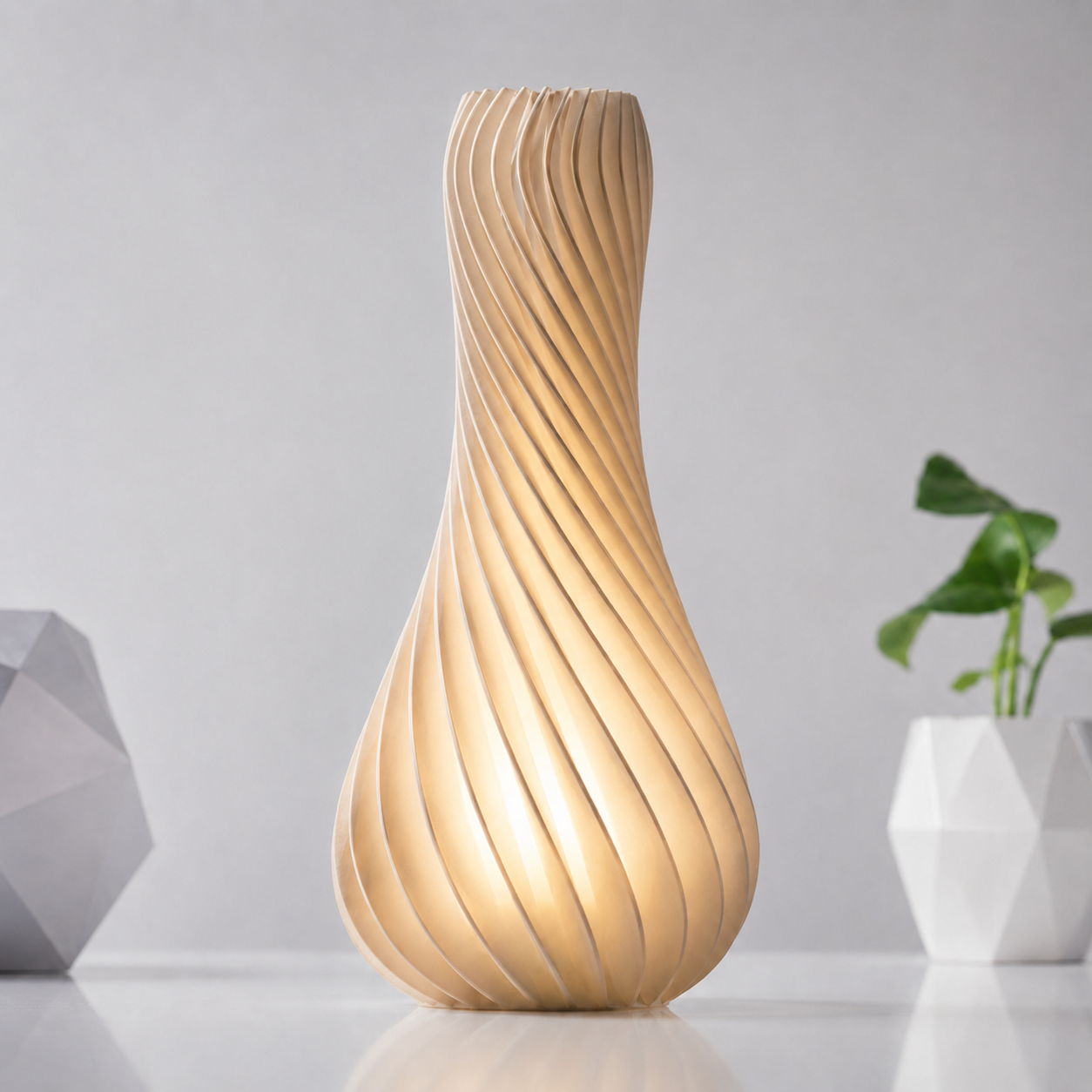 Modern 3D Printed Spiral Vase Lamp – White Decorative LED Table Light