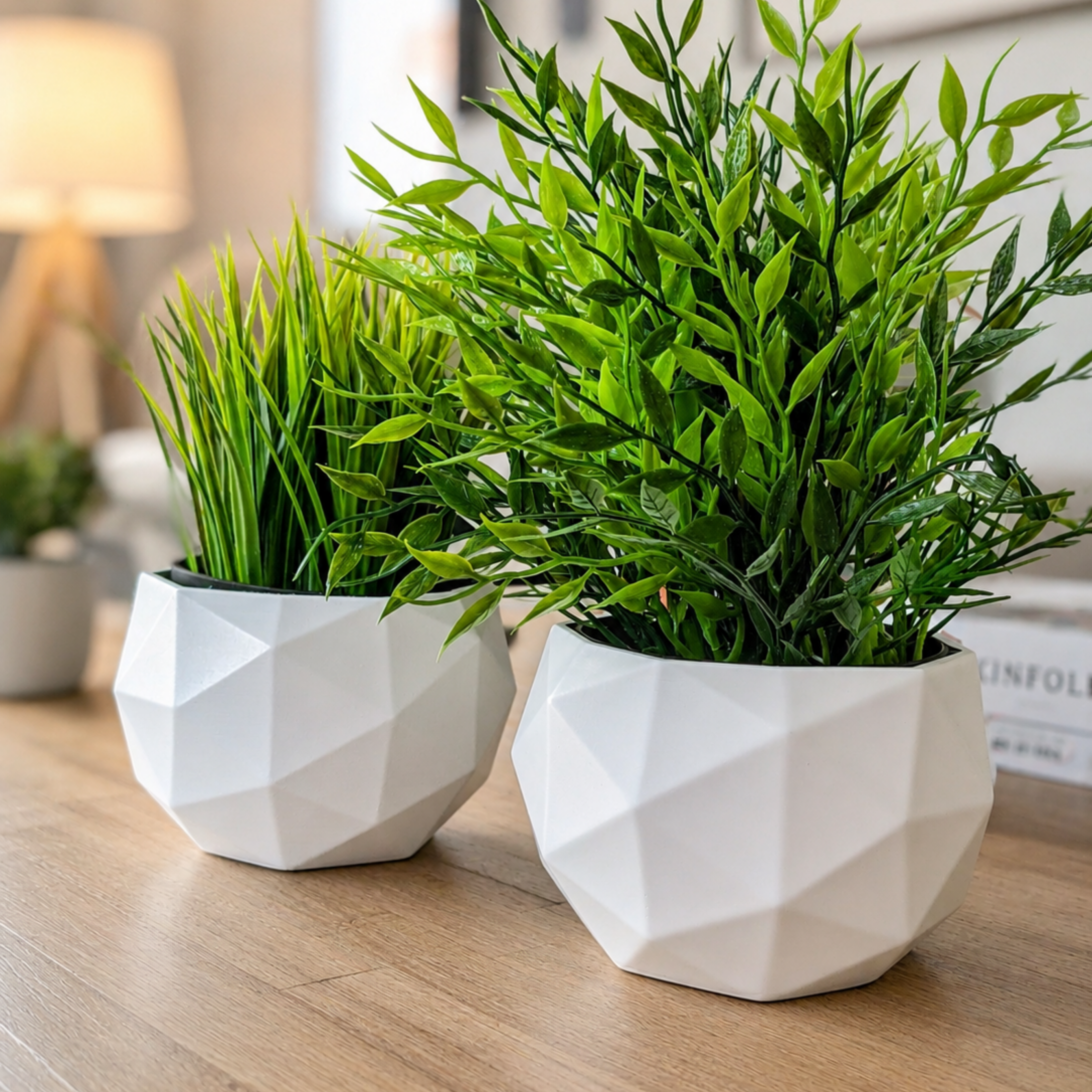Modern White Geometric Planter Set with Artificial Green Plants